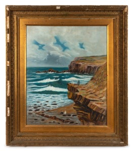 Three assorted framed artworks, I.) coastal scene oil painting, II.) farmhouse watercolour, III.) group of four antique galleon engravings framed as one, the largest 74 x 62cm overall