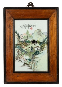 A Chinese famille vert&nbsp;porcelain landscape panel in timber frame, late Republic period, signed upper centre, 20th century, 56 x 41cm overall