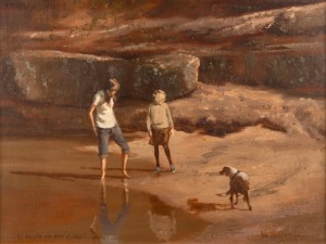 DALE MARSH (1940 - ), The Dog Who Was Afraid Of Water, oil on board, signed lower right "Dale Marsh, 1977", 45 x 60cm, 65 x 80cm overall