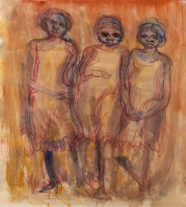 JAMES WIGLEY (1918-1999), Three Aboriginal Girls, watercolour, signed lower right "J. V. W.", 50 x 45cm, 74 x 67cm overall