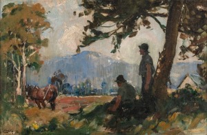 ARTIST UNKNOWN, (farmers and horse in landscape), oil on canvas board, signed lower left (illegible), 30 x 45cm, 50 x 65cm overall