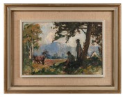 ARTIST UNKNOWN, (farmers and horse in landscape), oil on canvas board, signed lower left (illegible), 30 x 45cm, 50 x 65cm overall - 2