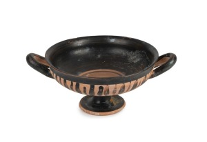 A Greek two handled pottery wine cup, 5th century B.C., 6cm high, 16.5cm wide