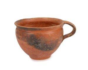 A red glazed terracotta skyphos Athenian wine cup, 6th century, B.C., with CofA from Annita Patrikiadou - Pilafa, 6.5cm high