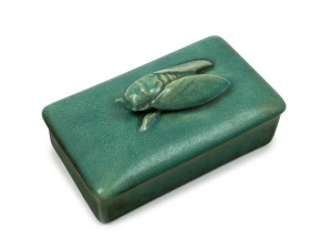 MELROSE WARE rare green glazed pottery jewellery box with cicada top, stamped "Melrose Ware, Australian" 7.5cm high, 15.5cm wide, 9cm deep