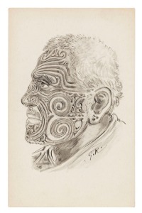 HORATIO GORDON ROBLEY (England, New Zealand, 1840 - 1930), (A study of Chief Tomika Te Mutu from the Ngaiterangi Tribe), monochrome, watercolour and wash on a blank postcard, signed with the initials "G.R." at lower right, 14 x 8.5cm.