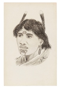 HORATIO GORDON ROBLEY (England, New Zealand, 1840 - 1930), (A Maori woman from the Ngaiterangi Tribe), monochrome, watercolour and wash on a blank postcard, signed with the initials "G.R." at lower right, 14 x 8.5cm.