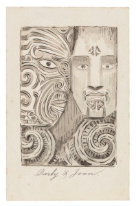 HORATIO GORDON ROBLEY (England, New Zealand, 1840 - 1930), A group of three illustrated but unsigned cards, one depicting a kiwi carving and two depicting a Maori couple with facial tattoos, one card amusingly titled "Darby & Joan"; monochrome, watercolou