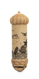 A scrimshaw bodkin case engraved with whaling scene and lighthouse, 11.5cm high