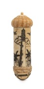 A scrimshaw bodkin case engraved with whaling scene and lighthouse, ​​​​​​​11.5cm high - 2