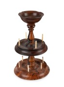 An antique Colonial sewing companion bobbin reel holder, huon pine, blackwood, myrtle and sassafras with whalebone pins, Tasmanian origin, early to mid 19th century, 24.5cm high