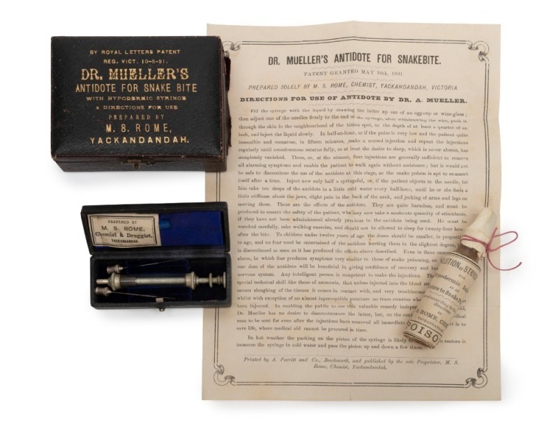 "DR. MUELLER'S ANTIDOTE FOR SNAKE BITE.......YACKANDANDAH" housed in original leather case with gilt embossed lettering and original contents, late 19th century, the case 10cm wide