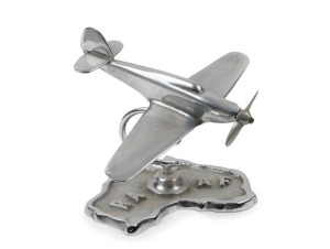 Trench Art: Hawker Hurricane mounted on "R.A.A.F." ashtray in the shape of Australia, c. 1940s, solid chrome-plated brass, 15cm high and 20cm wingtip to wingtip.