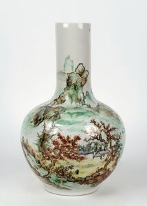 A Chinese porcelain vase with hand-painted landscape scene, early 20th century, base has been holed for lamp conversion, ​​​​​​​36cm high