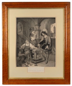 "GOLDSMITH'S DAUGHTER", antique engraving, attractively housed in maple frame with original gilt slip, 87 x 72cm overall