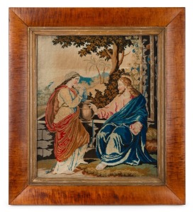 An antique English religious needlework tapestry housed in an attractive satin maple frame with gilt slip and glass, 19th century, 72 x 64cm overall