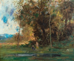 ARTIST UNKNOWN (European school), (figures in landscape) oil on canvas, signed lower right (illegible), 49 x 58cm, 68 x 81cm overall