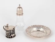 An American sterling silver bowl by Wallis; together with a sterling silver top crystal sugar caster and a sterling silver mustard pot with blue glass liner, (3 items), the castor 17cm high, 322 grams silver weight