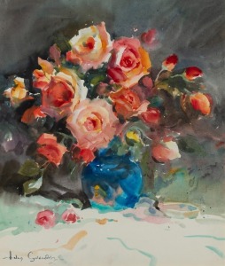 HELEN GOLDSMITH (1937 - ), (roses in blue vase), watercolour, signed lower left "Helen Goldsmith", 51 x 44cm, 88 x 79cm overall