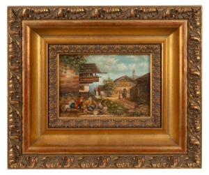 LUDWIG HOLZAPFEL, (village scene), oil on panel, signed lower left, 12 x 17cm, 29 x 33cm overall