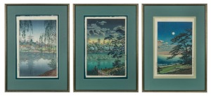 Three Japanese woodblock prints, one by HASUI and the other two by KOITSU, all attractively framed with green card mounts, approximately 42 x 27cm each, 62 x 45cm each overall