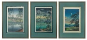 Three Japanese woodblock prints, one by HASUI and the other two by KOITSU, all attractively framed with green card mounts, approximately 42 x 27cm each, 62 x 45cm each overall