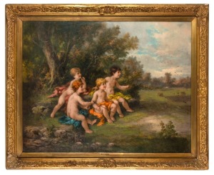 ARTIST UNKNOWN, (cupids in landscape), oil on canvas, signed upper left "Sutzens(?)", 75 x 95cm, 93 x 105cm overall