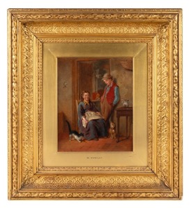 W. HEMSLEY (British), (flirting figures interior scene), oil on board, artist's name on the mount, 24 x 19cm, 50 x 45cm overall