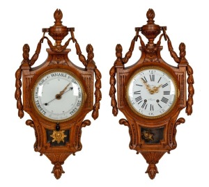 French antique cartel clock and barometer, both mounted in carved oak cases, 19th century, each 70cm high
