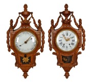French antique cartel clock and barometer, both mounted in carved oak cases, 19th century, each 70cm high