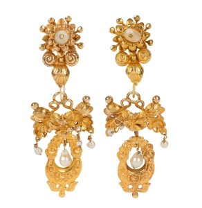 A pair of South American 18ct gold and freshwater pearl earrings crafted in the 18th century style, 8cm high, 31 grams