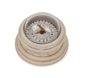 A fine quality antique ivory cased desk sun dial with glass dome top, 19th century, 4.5cm high, 6.2cm diameter