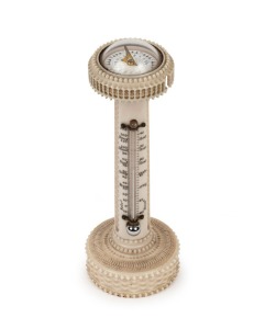 T. STRAIGHT of LONDON antique carved and turned ivory desk thermometer with sun dial&nbsp;top, 19th century, 14cm high