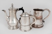 Two Georgian tankards, one unmarked silver, the other Sheffield plate; together with a Georgian Sheffield plated teapot, 18th/19th century, (3 items), the largest 22cm high