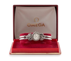 OMEGA 18ct white gold lady's cocktail wristwatch with brilliant cut white diamond set bezel and shoulder mounts, housed in an Omega box, 22.7 grams including movement