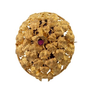 A stunning antique Colonial Australian 18ct gold brooch mourning brooch, set with a purple stone and mourning windows front and back, most likely Melbourne origin, circa 1860, an impressive 6.5cm high, 5.5cm wide, 44.9 grams