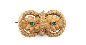 LAMBORN & WAGNER of Melbourne, antique 18ct yellow gold foliate brooch, set with two green stones, 19th century, stamped "L.&.W." flanked by crown marks, 3.3cm wide, 4.1 grams