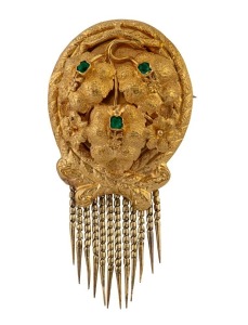 LAMBORN & WAGNER of Melbourne, fine quality antique 18ct yellow gold foliate brooch, set with green stones and tassel fringe, 19th century, note: solid gold back. stamped "L.&.W." flanked by crown and star marks, ​​​​​​​7cm high including fringe, 16.2 gra