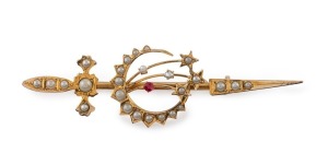 HALLEY'S COMET rare antique Australian yellow gold brooch, set with red stone and seed pearls, circa 1910, 7.5cm wide, 4.6 grams