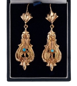 A pair of antique yellow gold and turquoise drop earrings, 19th century, 6cm high overall, 6.2 grams total