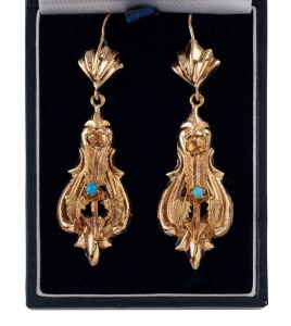 A pair of antique yellow gold and turquoise drop earrings, 19th century, ​​​​​​​6cm high overall, 6.2 grams total