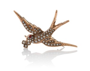 DUGGIN, SHAPPERE & Co. of Melbourne antique 9ct rose gold swallow brooch, set with ruby and seed pearls, 19th/20th century, stamped "9" flanked by pictorial marks, 5cm wide, 5.6 grams