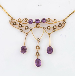 ARONSON of Melbourne antique 9ct yellow gold, amethyst and seed pearl negligee necklace, early 20th century, stamped "9" flanked by pictorial marks, the pendant section 6cm wide, 7.4 grams total