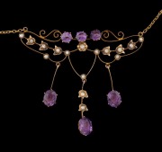 ARONSON of Melbourne antique 9ct yellow gold, amethyst and seed pearl negligee necklace, early 20th century, stamped "9" flanked by pictorial marks, the pendant section 6cm wide, 7.4 grams total - 2