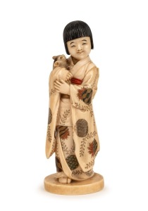A fine quality antique Japanese Okimono of a young girl and cat with carved and hand-painted decoration, Meiji Period, red seal mark to base, 18cm high