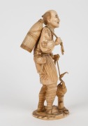 A fine quality antique Japanese carved ivory Okimono of a fisherman with his cormorant, Meiji Period, red seal mark to base, 15.5cm high - 3