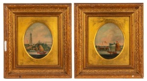 A pair of antique CHINA TRADE PAINTINGS, I.) (pagoda and junks), II.) (fort and junks), oil on canvas laid down on board, 20 x 16cm each, 40 x 37cm each overall