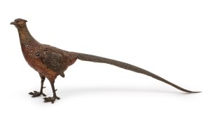 An Austrian cold-painted bronze pheasant statue in the manner of BERGMANN, circa 1900, 23cm high, 59cm long