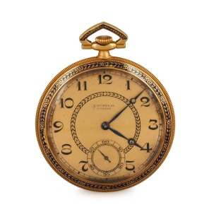 An antique French 18ct gold and enamel pocket watch with Arabic numerals, subsidiary seconds dial and crown wind movement, housed in original box branded "Gubelin", 5.6cm high include bow