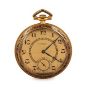 An antique French 18ct gold and enamel pocket watch with Arabic numerals, subsidiary seconds dial and crown wind movement, housed in original box branded "Gubelin", 5.6cm high include bow